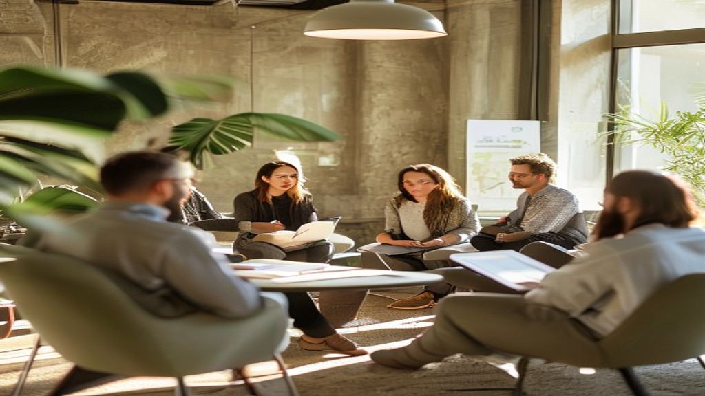 Collaborative team environment showing diverse professionals in discussion, representing inclusive and human-centred approach to wellness consulting